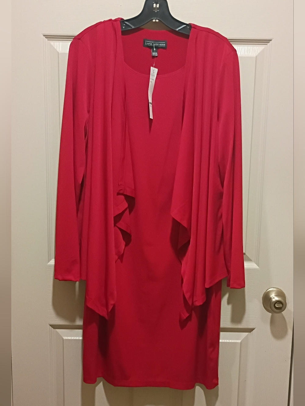 NWT Karin Stevens red Plus size sheath dress with attached open front cardigan